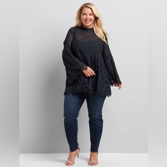 Lane Bryant Babydoll Tunic Top Women 16 Blue Lace Bell Sleeve Cottagecore Fairy - Picture 3 of 13